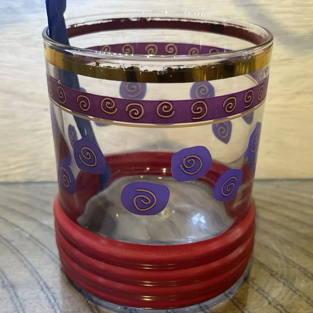 Sakura Sango Sue Zipkin MCM Golf Rim MCM Drinking Glass Blue Red Gold Rimmed VTG